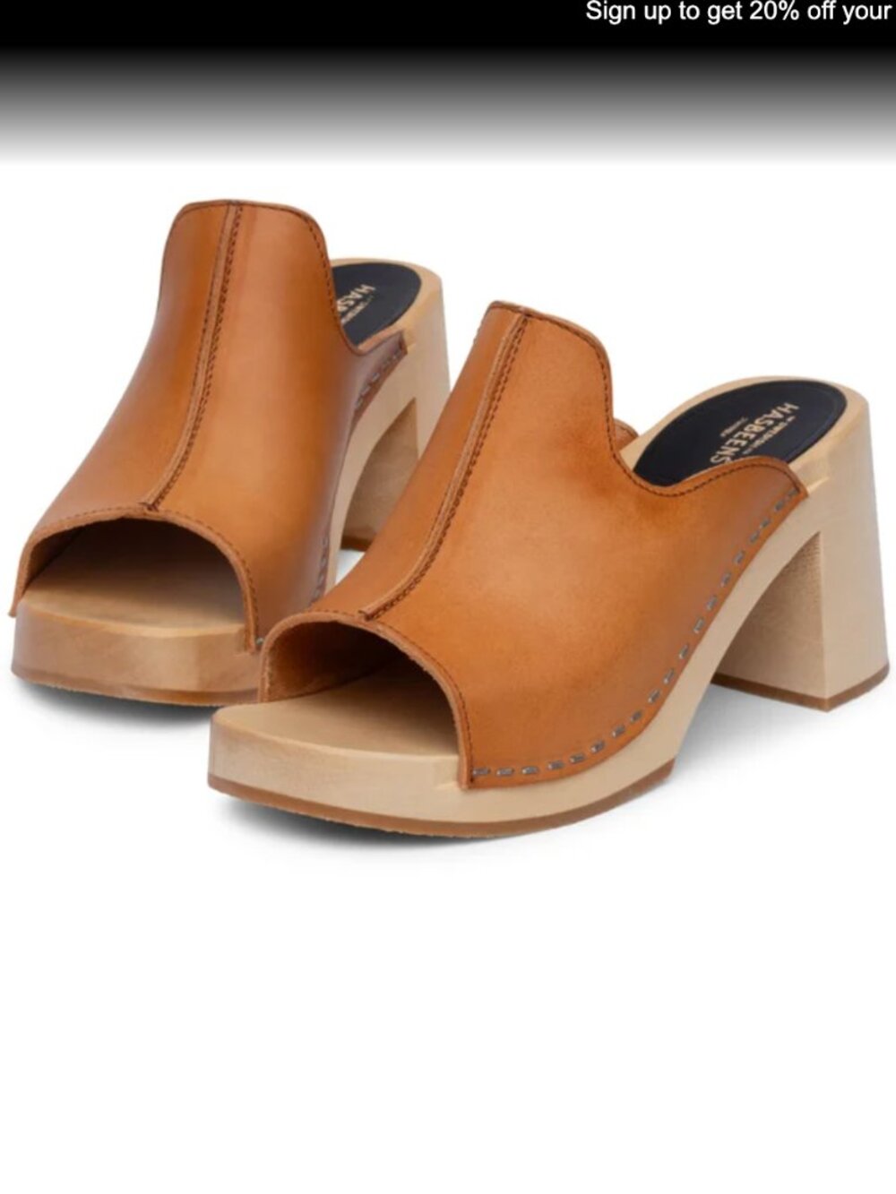 SWEDISH HASBEENS Lotten Mules in Cognac Vachetta Leather Sz 41